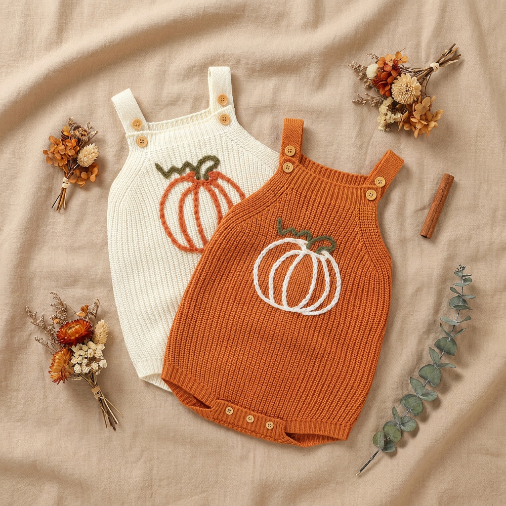Flat lay of cream and orange baby knit pumpkin bubble rompers arranged with autumn floral decorations.