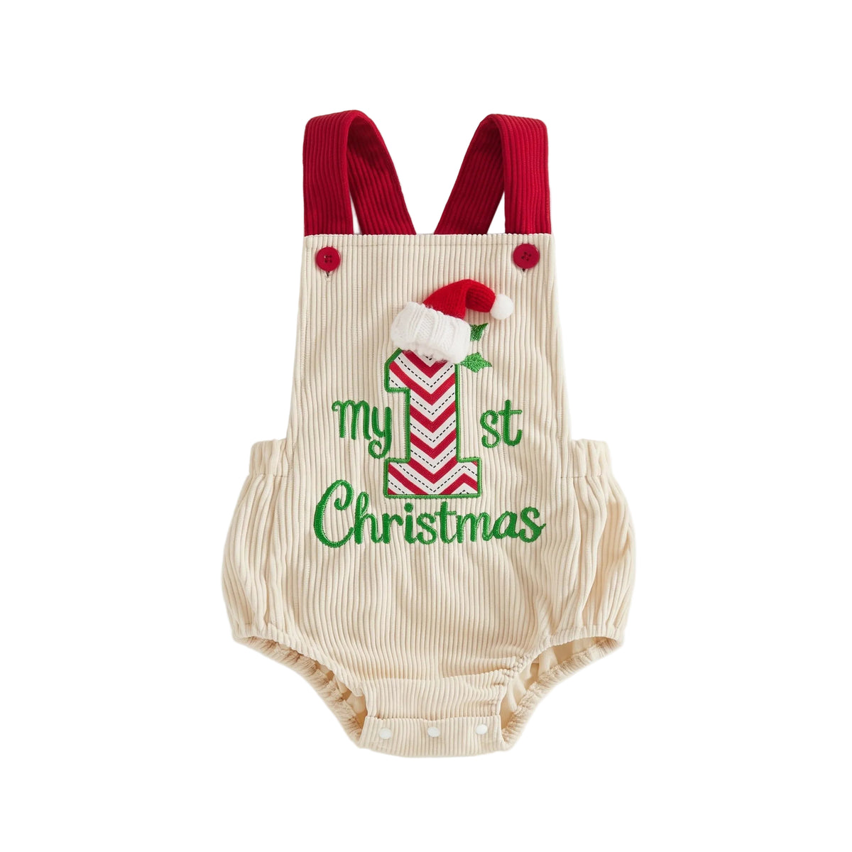 Cream corduroy baby bubble romper with embroidered My 1st Christmas design and red straps