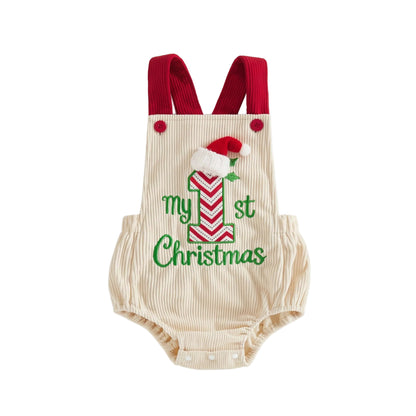 Cream corduroy baby bubble romper with embroidered My 1st Christmas design and red straps