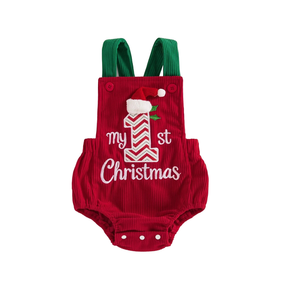 Red corduroy baby bubble romper featuring green straps and My 1st Christmas embroidery