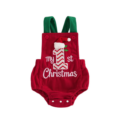 Red corduroy baby bubble romper featuring green straps and My 1st Christmas embroidery