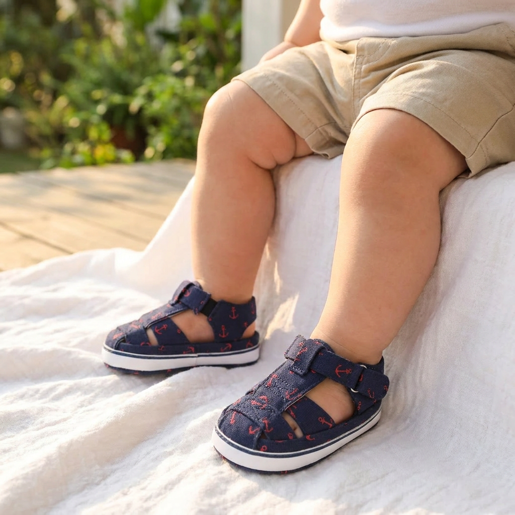 A toddler sitting outdoors on a blanket wearing navy blue anchor print canvas summer sandals.