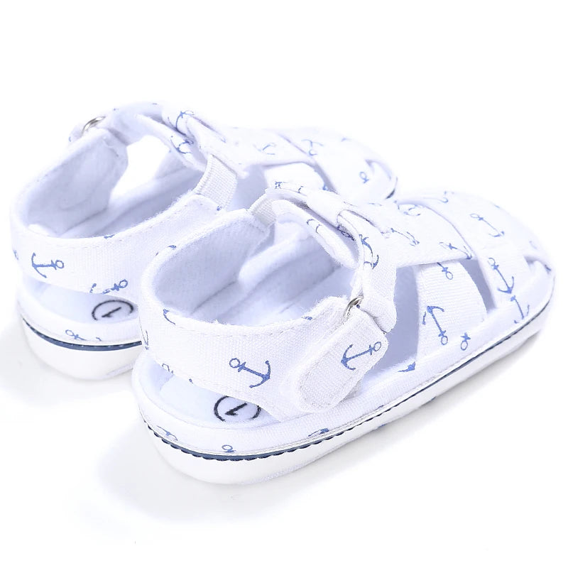 Back heel view of white anchor print baby canvas summer sandals showing the enclosed heel support.
