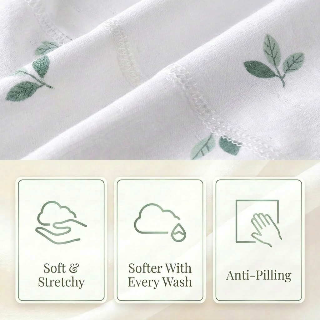 Infographic showing a macro view of botanical leaf fabric with three icons labeled Soft and Stretchy, Softer With Every Wash, and Anti-Pilling.