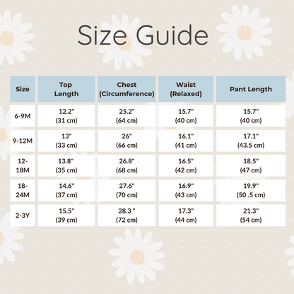 An image of a size guide chart for the baby outfit, listing measurements for top length, chest circumference, waist, and pant length for ages 6 months to 3 years.