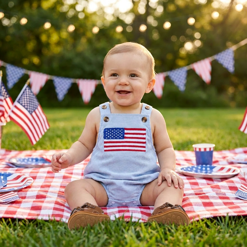 Smiling baby sitting on a red plaid picnic blanket outdoors wearing a light blue 4th of July bubble romper with a USA flag patch.