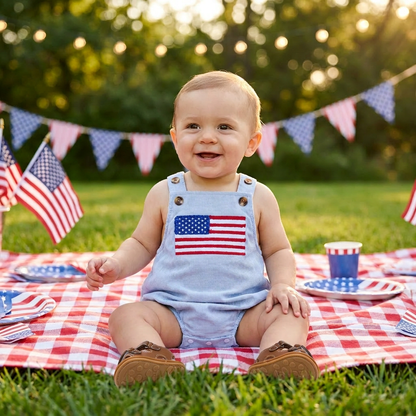 Smiling baby sitting on a red plaid picnic blanket outdoors wearing a light blue 4th of July bubble romper with a USA flag patch.