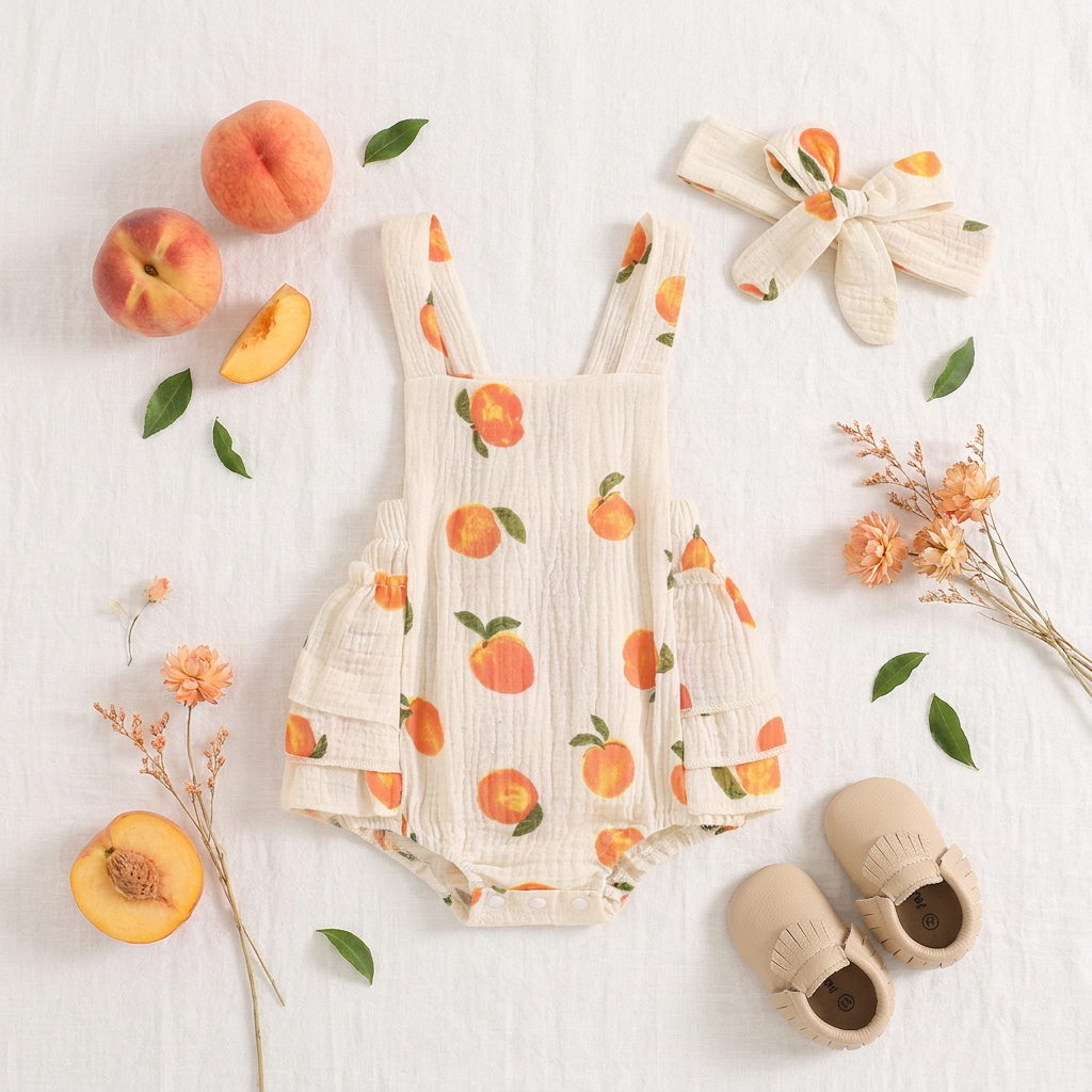 Stylized summer flat lay featuring the peach print romper, headband, fresh peaches, and baby booties.