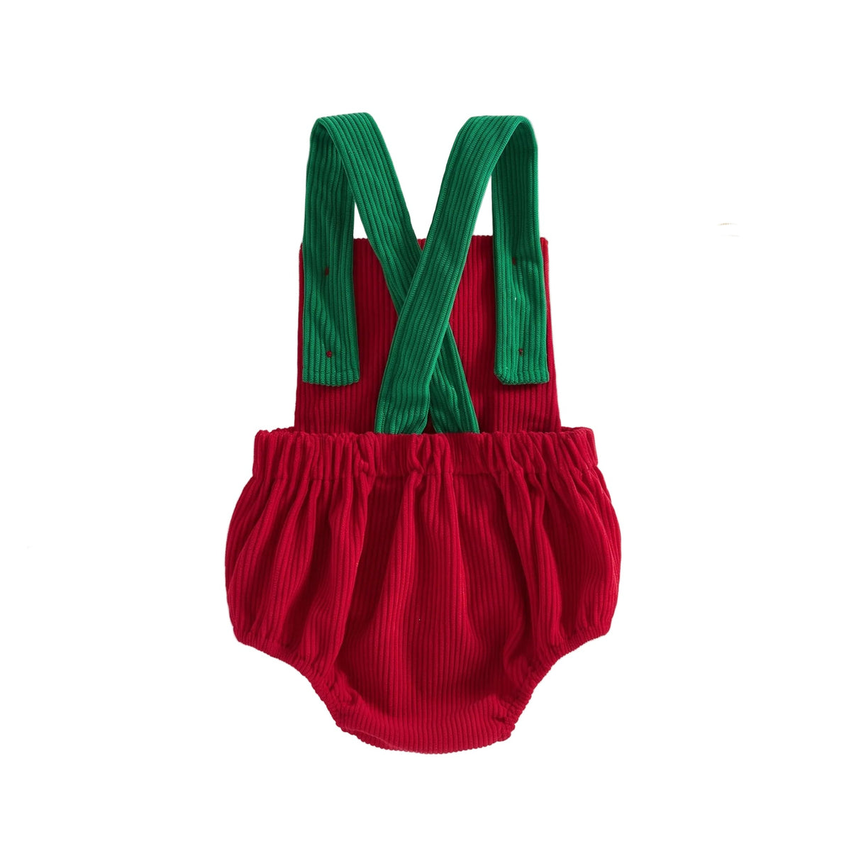 Back view of red baby corduroy bubble romper showing green crossed suspender straps