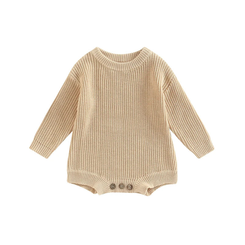 Unisex baby ribbed cotton blend knit sweater romper in beige.