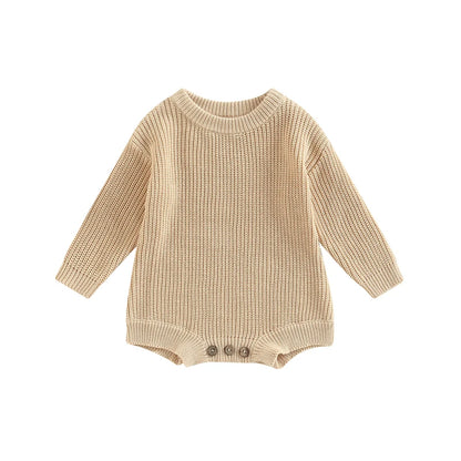 Unisex baby ribbed cotton blend knit sweater romper in beige.