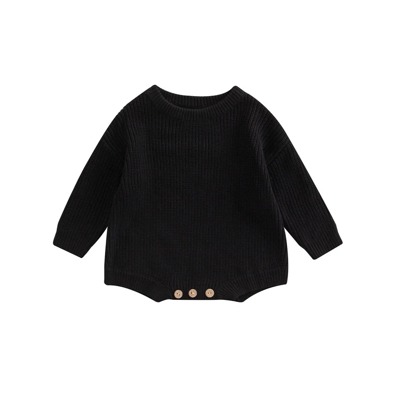 Unisex baby ribbed cotton blend knit sweater romper in black.