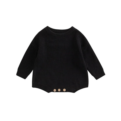 Unisex baby ribbed cotton blend knit sweater romper in black.