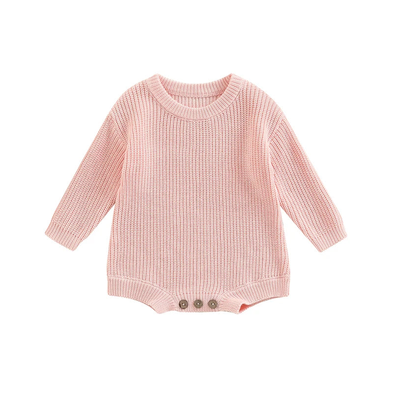 Unisex baby ribbed cotton blend knit sweater romper in blush pink.
