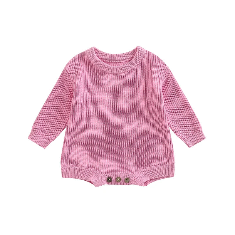 Unisex baby ribbed cotton blend knit sweater romper in bubblegum pink.
