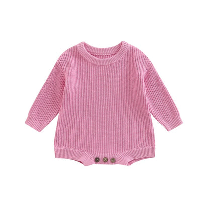 Unisex baby ribbed cotton blend knit sweater romper in bubblegum pink.