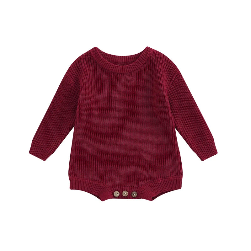 Unisex baby ribbed cotton blend knit sweater romper in burgandy red.