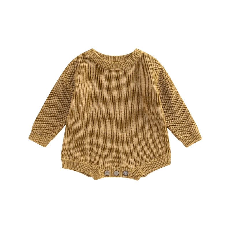 Unisex baby ribbed cotton blend knit sweater romper in camel tan.