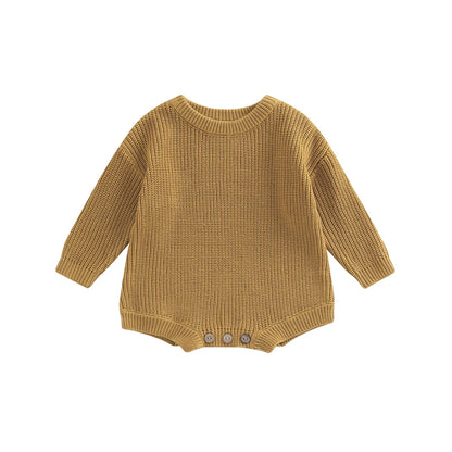Unisex baby ribbed cotton blend knit sweater romper in camel tan.