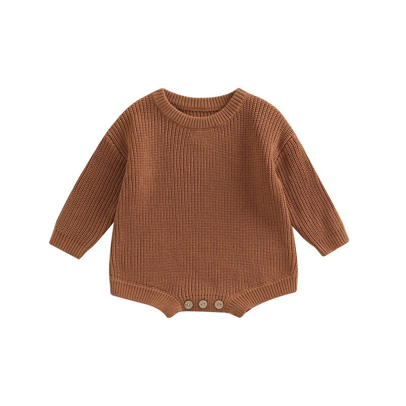 Unisex baby ribbed cotton blend knit sweater romper in chestnut brown.