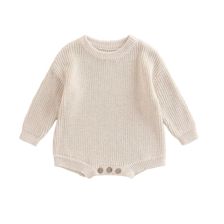 Baby boy and girl ribbed cotton blend knit sweater romper in cream neutral tone with long sleeves.