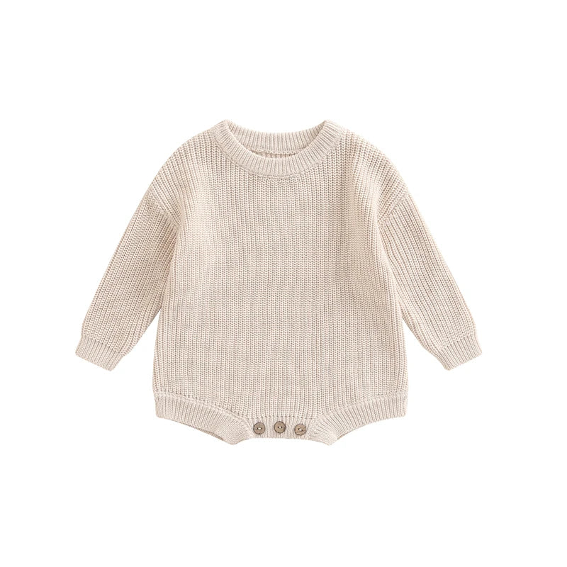 Unisex baby ribbed cotton blend knit sweater romper in cream.