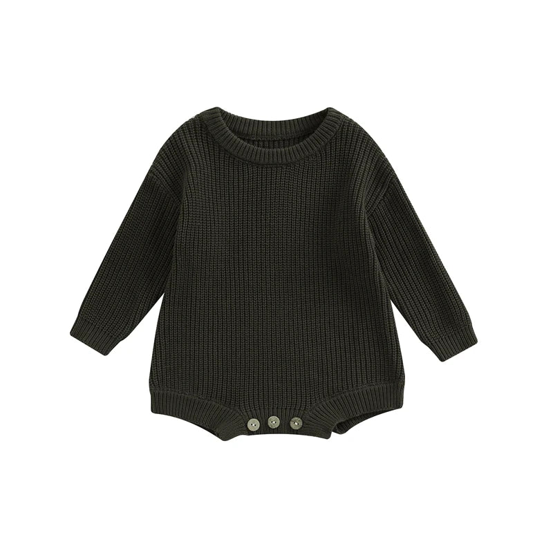 Unisex baby ribbed cotton blend knit sweater romper in dark green.