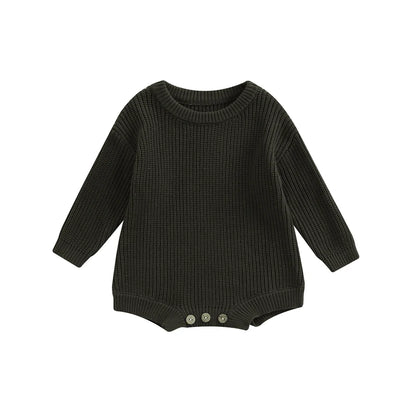 Unisex baby ribbed cotton blend knit sweater romper in dark green.
