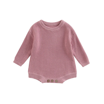 Unisex baby ribbed cotton blend knit sweater romper in dusty rose.