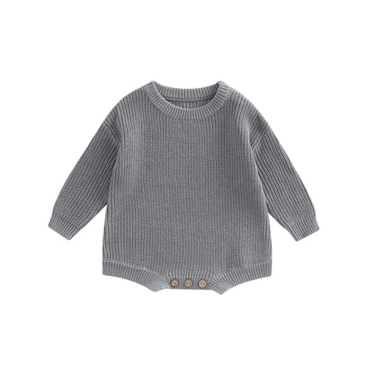 Unisex baby ribbed cotton blend knit sweater romper in heather gray.