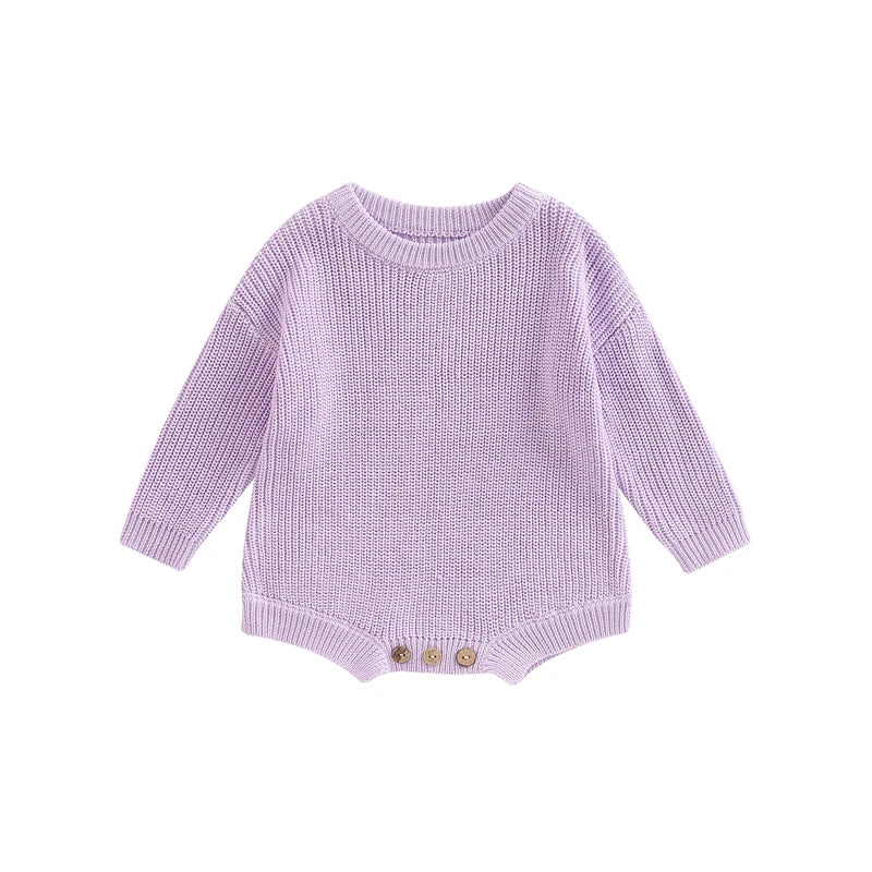 Unisex baby ribbed cotton blend knit sweater romper in lavender purple.