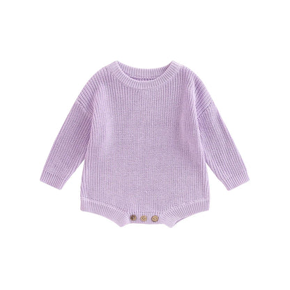 Unisex baby ribbed cotton blend knit sweater romper in lavender purple.