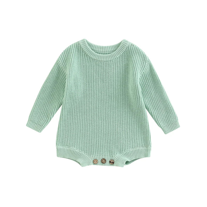 Unisex baby ribbed cotton blend knit sweater romper in mint green.