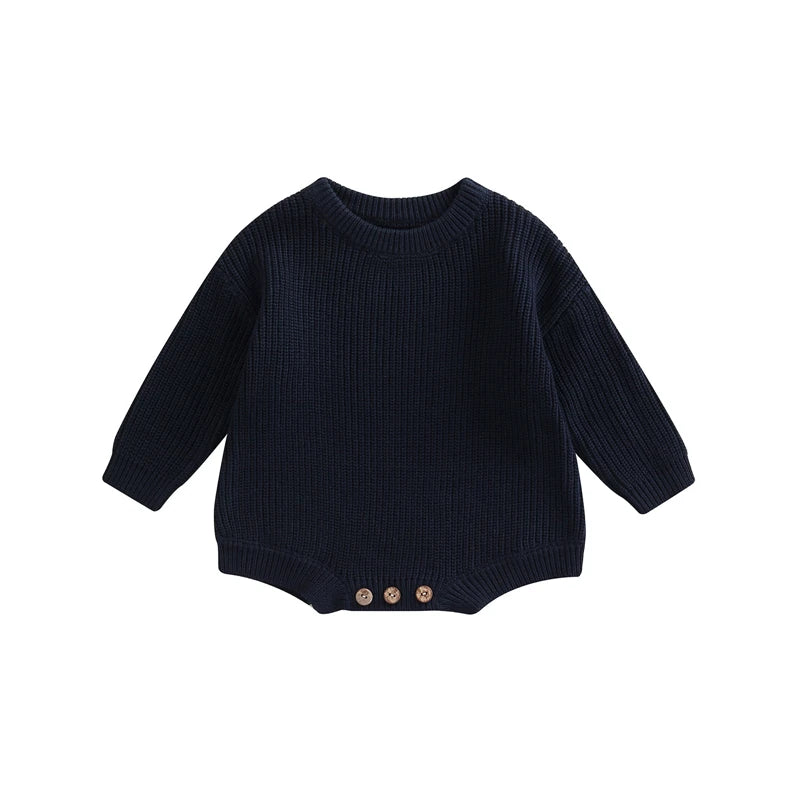 Unisex baby ribbed cotton blend knit sweater romper in navy blue.