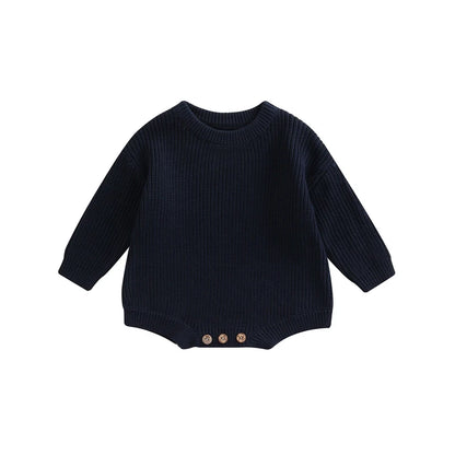 Unisex baby ribbed cotton blend knit sweater romper in navy blue.