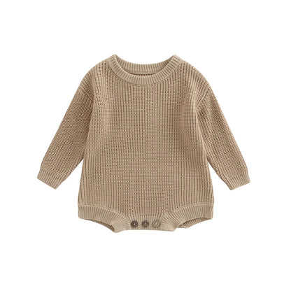 Unisex baby ribbed cotton blend knit sweater romper in oatmeal.