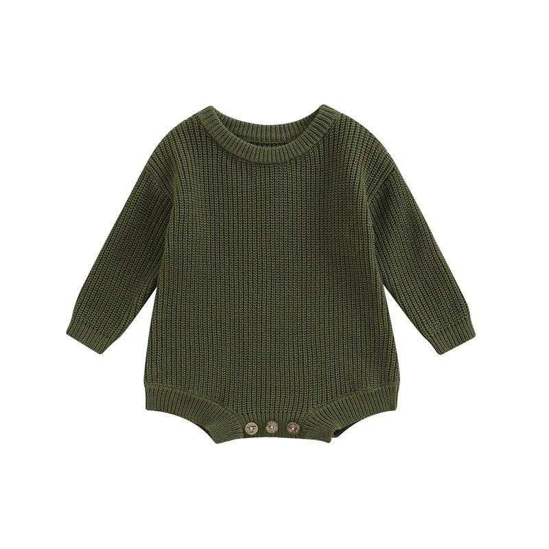 Unisex baby ribbed cotton blend knit sweater romper in olive green.