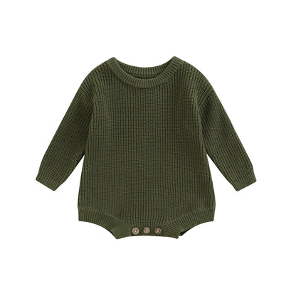Unisex baby ribbed cotton blend knit sweater romper in olive green.