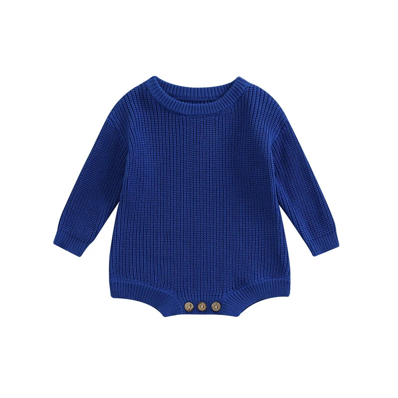 Unisex baby ribbed cotton blend knit sweater romper in royal blue.