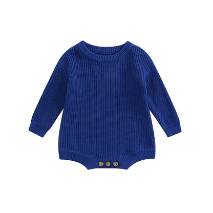 Unisex baby ribbed cotton blend knit sweater romper in royal blue.