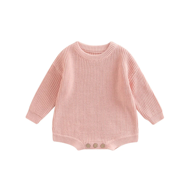 Unisex baby ribbed cotton blend knit sweater romper in soft pink.
