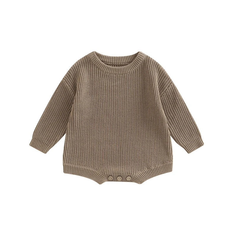 Unisex baby ribbed cotton blend knit sweater romper in taupe.