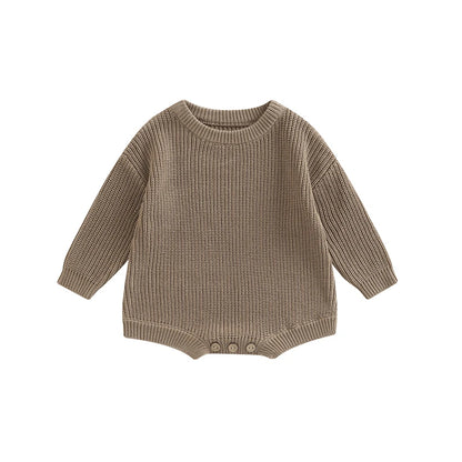 Unisex baby ribbed cotton blend knit sweater romper in taupe.
