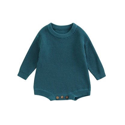 Unisex baby ribbed cotton blend knit sweater romper in teal.