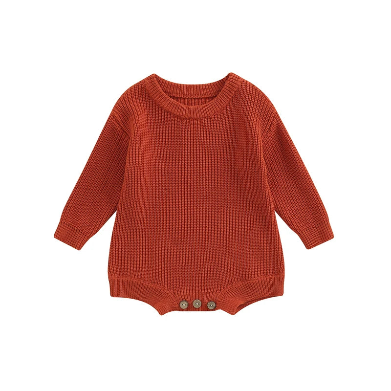 Unisex baby ribbed cotton blend knit sweater romper in terracotta orange.