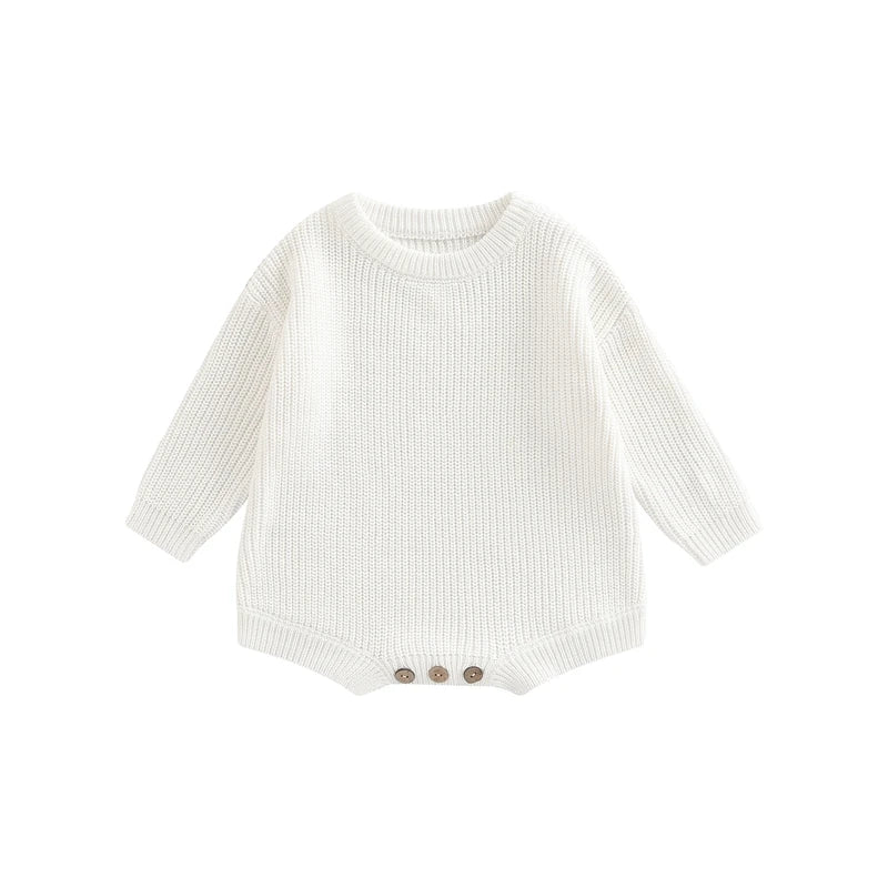 Unisex baby ribbed cotton blend knit sweater romper in pure white.