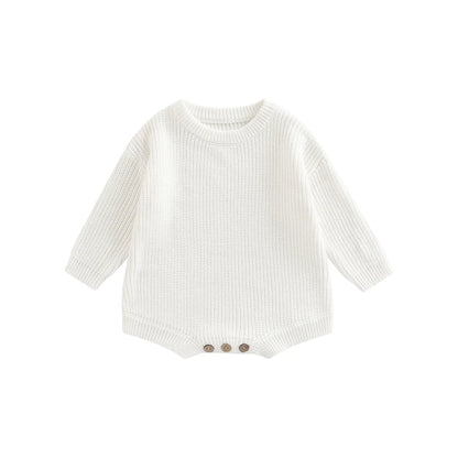 Unisex baby ribbed cotton blend knit sweater romper in pure white.