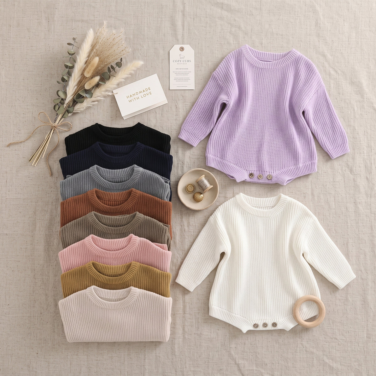 Stack of soft ribbed cotton blend knit baby rompers in lavender, cream, black, and neutral colors.