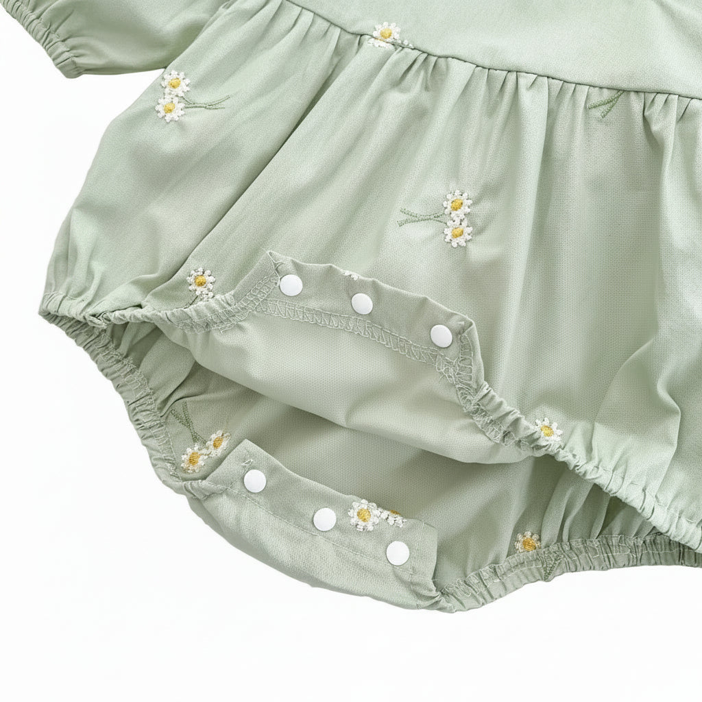 Close-up view of the open bottom crotch area showing the convenient white snap closures for easy diaper changes.