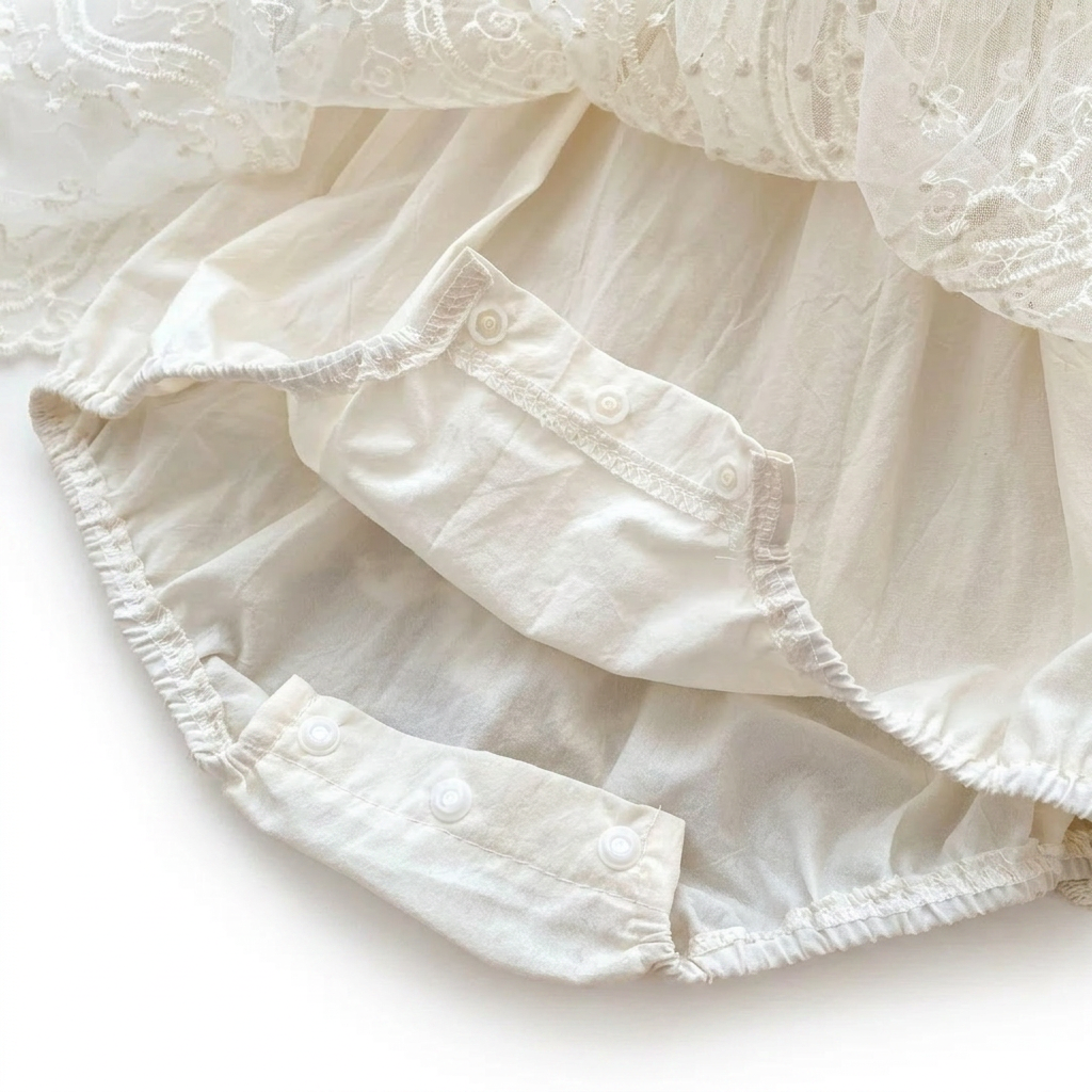 Close-up showing the soft cotton lining and bottom snap closures of a baby girl lace romper.